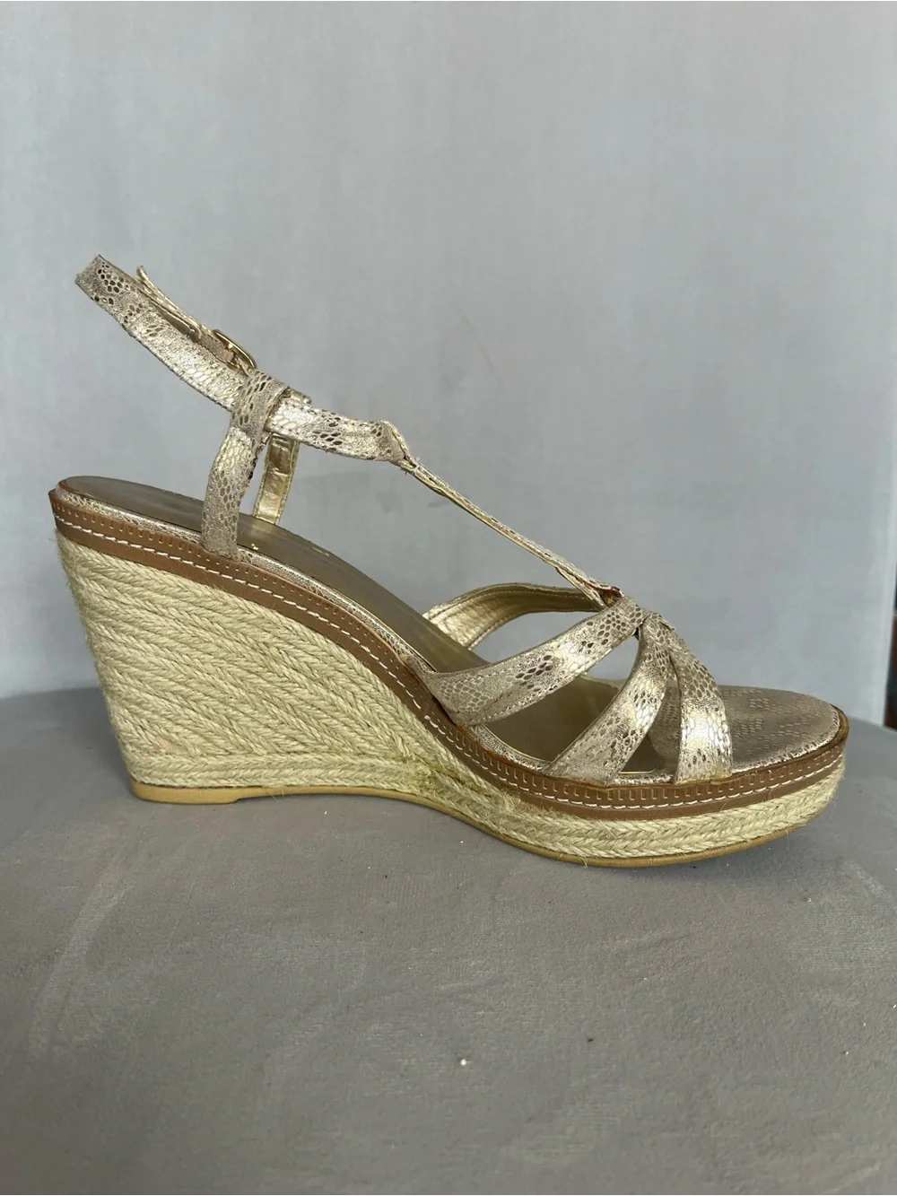 Bandolino Metallic Gold Snakeskin Espadrilles Wedge Sandals